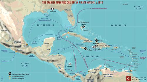 The Spanish Main and Caribbean Pirate Havens  c. 1670