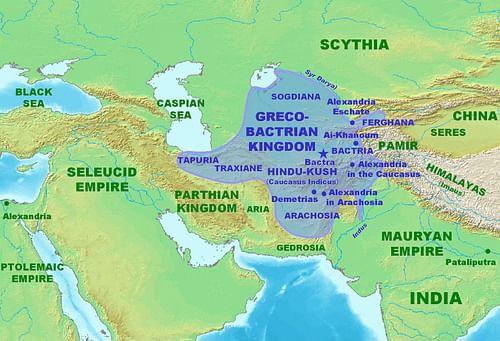 Map of the Greco-Bactrian Kingdom (by PHGCOM, CC BY-SA)